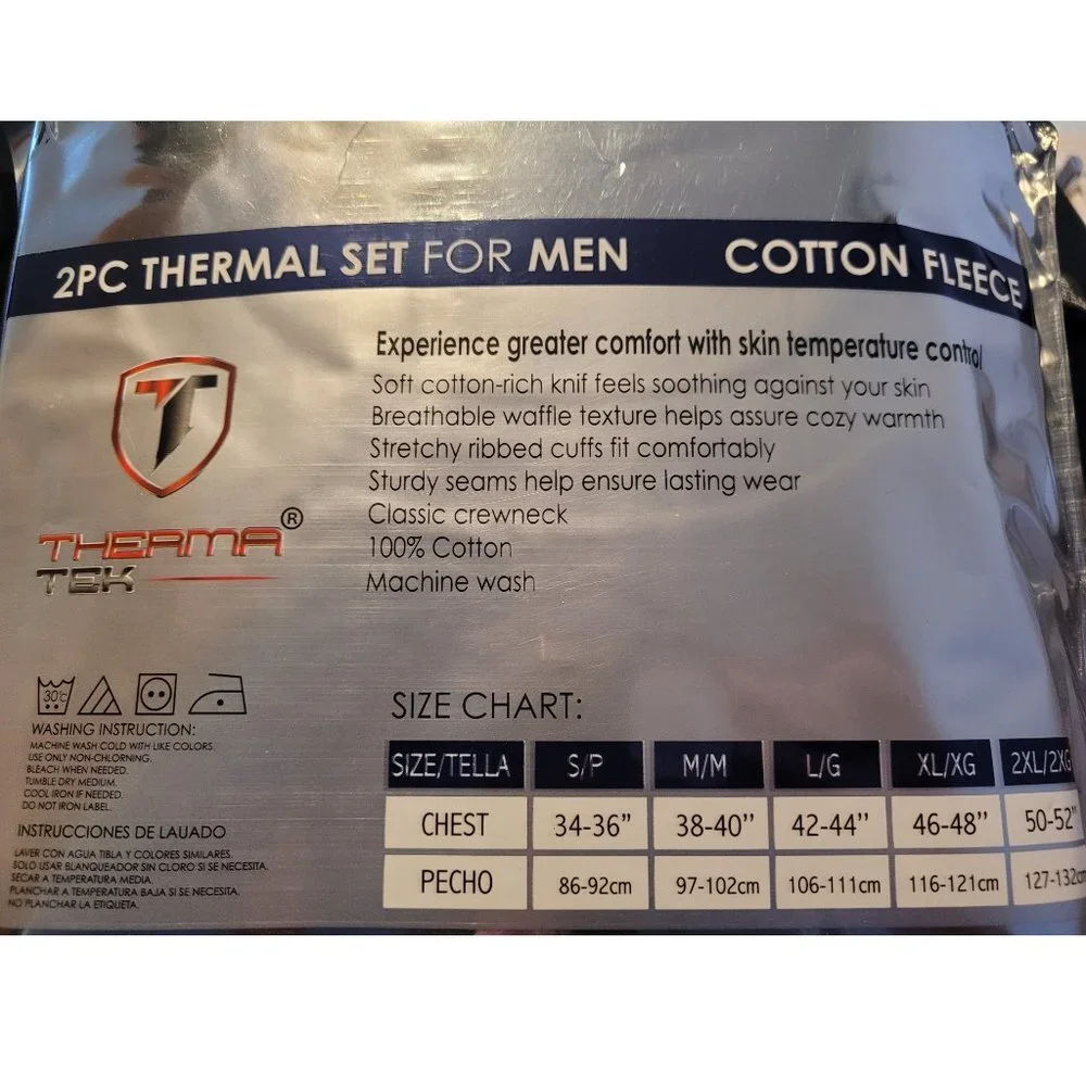 Men Thermal Long Johns Warm Underwear Set, 100% Cotton Fleece, Grey - Picture 3 of 3